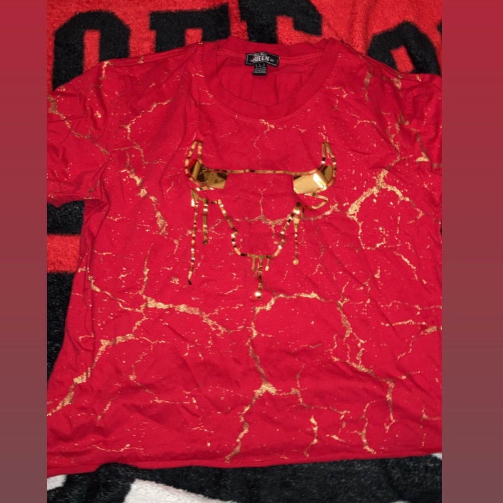 Red T-Shirt with Gold Bull Design